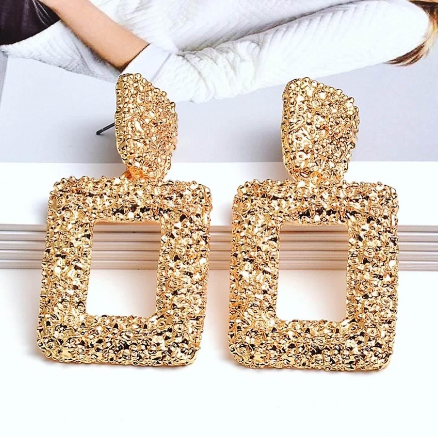 Gold chunky textured square drop door knocker on sale earrings