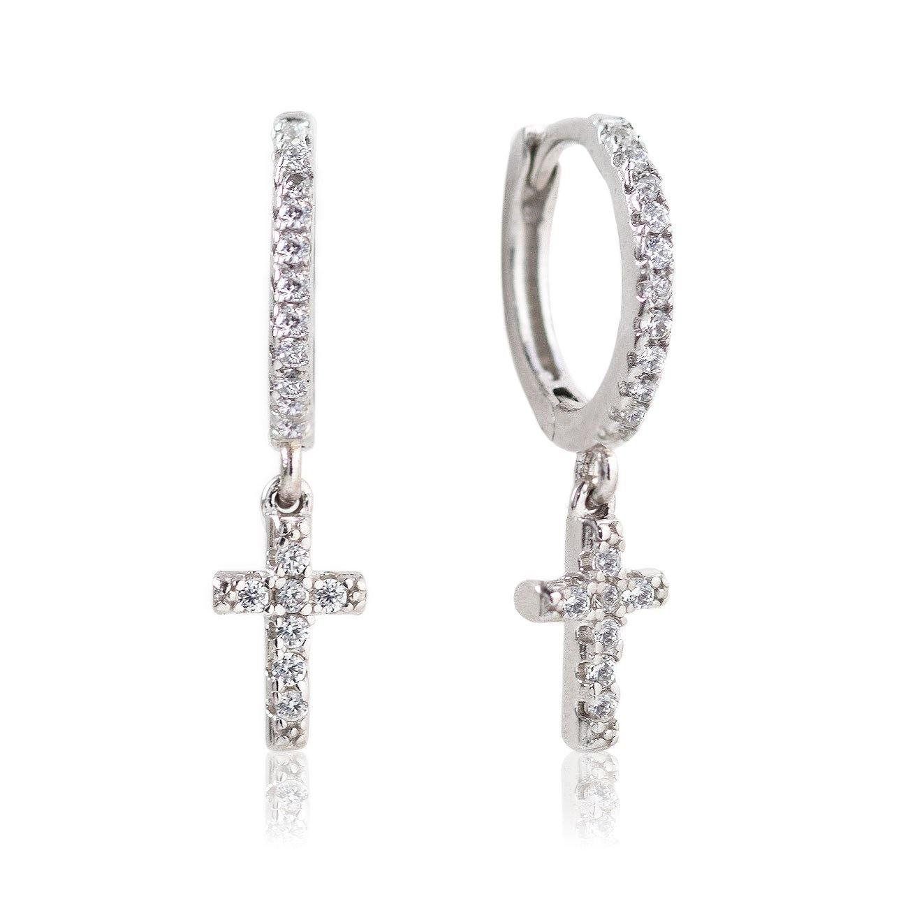 Iced Out Cross Hoop Earrings | silver - SHOP LANI