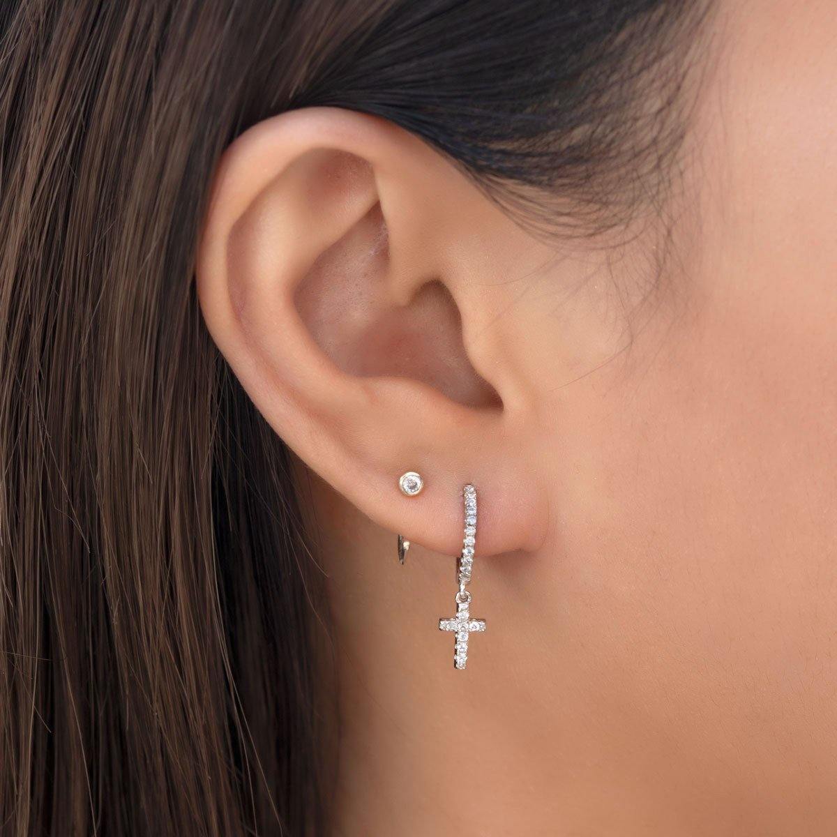 Iced Out Cross Hoop Earrings | silver - SHOP LANI